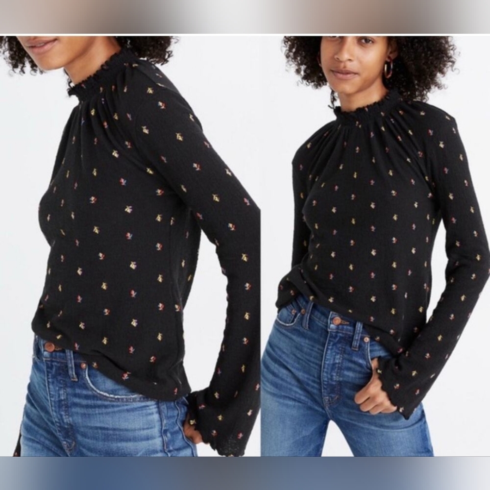 Madewell Texture & Thread Smock Neck Black Rainbow Flower Boho Shirt Top Size M